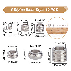 60個6スタイル304ステンレススチールビーズ  コラム/ロンデル  ステンレス鋼色  3~10x2.5~8mm  穴：1.7~7mm  10個/スタイル&nbsp;STAS-AR0001-83