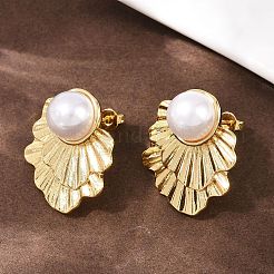 真鍮、ABS樹脂、パールフラワースタッドピアス  長持ちメッキ  ラックめっき  18KGP本金メッキ  25x21mm&nbsp;EJEW-L275-12G-01