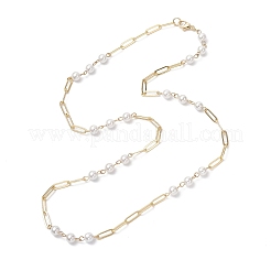 6.5MM Round White Shell Pearl Beaded & Brass Paperclip Chain Necklaces for Women&nbsp;NJEW-JN05567