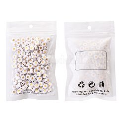 白い不透明なアクリルビーズ  スターとフラットラウンド  黄金メッキ  7x4mm  穴：1.5mm  約200個/袋&nbsp;PACR-YW0001-04A