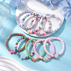 ポリマー粘土とアクリルクロスビーズストレッチブレスレットセット（女性用）9個  ミックスカラー  内径：2インチ（5.05cm）&nbsp;BJEW-JB101001