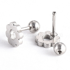 変色しにくい201ステンレススチール製フラワーバーベル軟骨ピアス  スクリューバックイヤリング  304ステンレスピン付き  ステンレス鋼色  7.5x7.5x2mm  ピン：1mm&nbsp;EJEW-R147-07