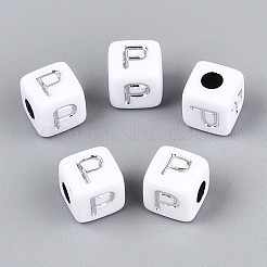 不透明なアクリルビーズ  文字付きのキューブ  シルバーライン入り  文字p  9~10x9~10x9~10mm  穴：4mm  約625個/500g&nbsp;SACR-T035-03P