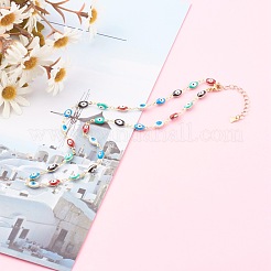 Brass Enamel Evil Eye Link Chain Bracelets & Necklaces Jewelry Sets&nbsp;SJEW-JS01185