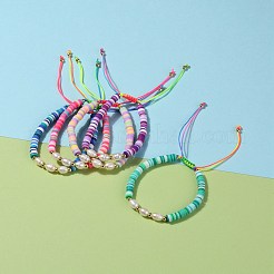 調節可能なナイロン糸編組ビーズブレスレット  ポリマークレイ平石ビーズ  ナチュラルパールビーズと真鍮ラウンドビーズ  ゴールドカラー  ミックスカラー  内径：2-1/8インチ（5.5cm）&nbsp;BJEW-JB05775