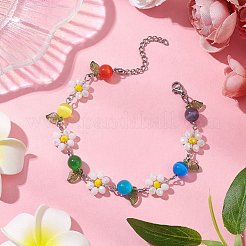 Flower Leaf Cat Eye & Glass Chain Bracelets for Women&nbsp;BJEW-TA00541