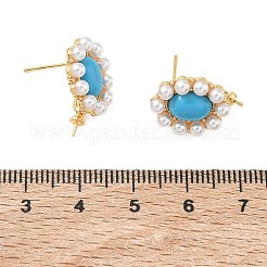 真鍮とABS樹脂製の模造パールスタッドピアス金具  オーバル  スターリングシルバーのピン925個と合成ターコイズ付き  片穴パーツ用  18KGP本金メッキ  19x13mm  ピン：0.7mm&nbsp;KK-C172-14B-G