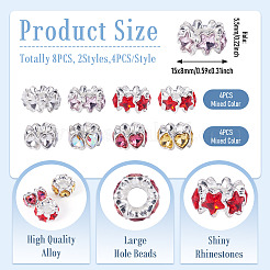 8個 2スタイル 合金ラインストーン ヨーロピアンビーズ  大穴ビーズ  ミックスカラー  15x8mm  穴：5.5mm  4個/スタイル&nbsp;FIND-TA0010-84
