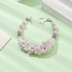 天然ローズクォーツチップビーズブレスレット  花チベットスタイル合金クラスプ付き  7-1/2インチ（19cm）&nbsp;BJEW-TA00424