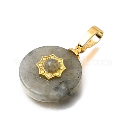 天然石ラブラドライトペンダント  真鍮の太陽が付いたフラットラウンドいチャーム  ゴールドカラー  20x16x7mm  穴：6.5x3.5mm&nbsp;G-T151-01B