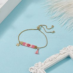 手作りの日本の種のレクタングル＆スター＆タッセルチャームスライダーブレスレット  女性用ゴールデン 304 ステンレススチール ジュエリー  ピンク  10-5/8インチ（27cm）&nbsp;BJEW-MZ00013-02