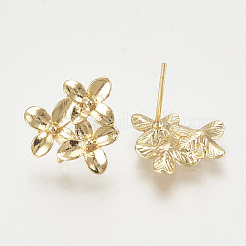 真鍮製スタッドピアスパーツ  カン付き  花  ニッケルフリー  18KGP本金メッキ  14.5x15mm  穴：1mm  ピン：0.8mm&nbsp;X-KK-T027-108G
