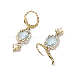 ガラスフレンチフックピアス  304ステンレススチールフレンチフックピアス金具  ハートを付きの矩形  ゴールドカラー  アクア  36x9mm&nbsp;EJEW-JE06397-03