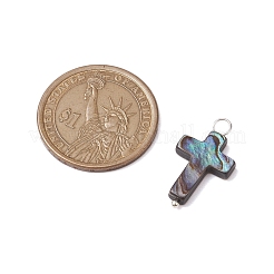 天然アワビシェル/パウアシェルペンダント  シルバーメッキ真鍮ループ付き  クロス  24x13.5x3mm  穴：4mm&nbsp;PALLOY-JF02701-03
