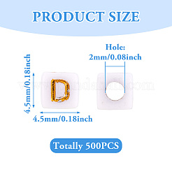 不透明なアクリルビーズ  メタルエンレース付き  キューブ  文字d  4.5x4.5x4.5mm  穴：2mm&nbsp;MACR-TAG0001-07D