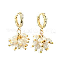 Natural Freshwater Pearl & Brass Cubic Zirconia Dangle Hoop Earrings&nbsp;EJEW-JE07260