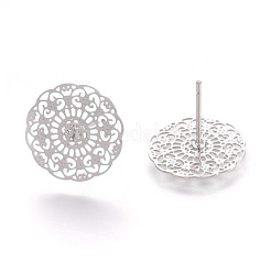 真鍮製のスタッドのイヤリング  花  プラチナメッキ  14.5x0.3mm  ピン：0.7mm&nbsp;KK-O115-08P