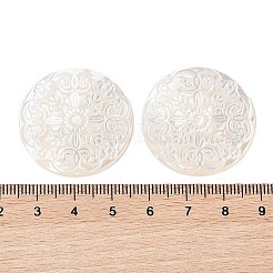 天然石ホワイトシェルカボション  彫刻が施された花付きフラットラウンド  貝殻色  30.5x2.5mm&nbsp;SSHEL-C012-12