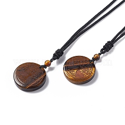 Natural Gemstone Flat Round with Tree of Life Pendant Necklace with Nylon Cord for Women&nbsp;NJEW-P274-03