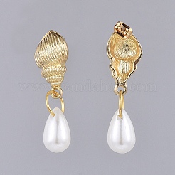 合金ダングルピアス  アクリルイミテーションパールと真鍮のピアスキャッチ付き  スパイラルシェル＆ティアドロップ  ゴールドカラー  36mm  ピン：0.7mm&nbsp;EJEW-JE03490-01