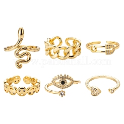 6Pcs 6 Styles Adjustable Brass Micro Pave Clear Cubic Zirconia Cuff Rings&nbsp;RJEW-LS0001-29G