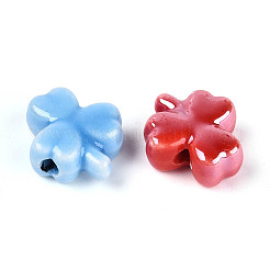 手作りの磁器ビーズ  クローバー  光沢釉の磁器  ミックスカラー  10.5~11x11.5~12.5x5~5.5mm  穴：1.6~2mm&nbsp;PORC-N011-05-01