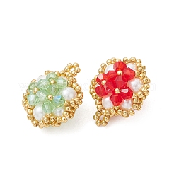 ガラスシードビーズペンダント  花のチャーム  ガラスとガラスパール付き  多面カット  ミックスカラー  26x21x15.5mm  穴：2mm&nbsp;PALLOY-MZ01288