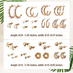 17ペア17スタイルリング＆トライアングル＆ラウンド＆ハートスタッドピアス、レジンパール  女性用ラインストーン付きオープンハーフフープピアス  ゴールドカラー  3~36x3~23.5mm  ピン：0.8~0.9mm  1ペア/スタイル&nbsp;EJEW-SZ0001-62