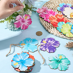 木製の花のペンダント装飾36個  ジュートより糸付き  パーティーの吊り下げ装飾用  ミックスカラー  80x79x2.5mm  穴：2mm&nbsp;HJEW-SC0002-95