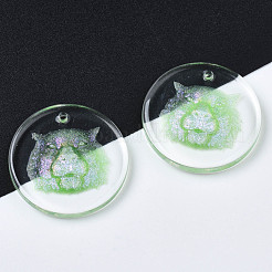 透明樹脂ペンダント  グリッターパウダー付き  虎の頭とフラットラウンド  淡緑色  24.5x3.5mm  穴：1.4mm&nbsp;RESI-N030-007C