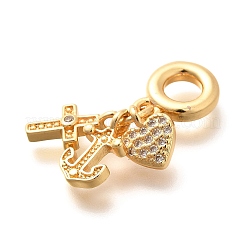 Brass Clear Cubic Zirconia Cross & Anchor & Heart European Dangle Charms&nbsp;KK-U048-08G