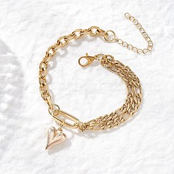 ハート合金の魅力のブレスレット  304ステンレススチールアズキチェーンとフィガロチェーンブレスレット（女性用）  ゴールドカラー  7-5/8インチ（19.3cm）&nbsp;BJEW-JB12775-02