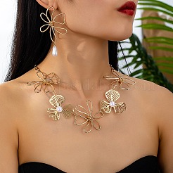 合金とプラスチックの模造真珠の花のリンクチェーンネックレスとスタッドダングルイヤリングセット  ゴールドカラー  ネックレス：18.11インチ（46cm）&nbsp;FS-WG745E2-01