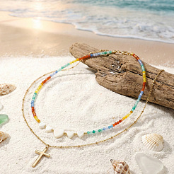 Summer Beach Rainbow Natural Mixed Stone and White Shell Heart Beaded Double Layer Necklaces with Stainless Steel Religion Cross Pendant&nbsp;EX6128-1