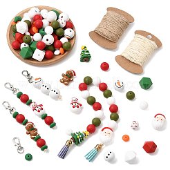クリスマスDIYペンダントデコレーションキット  シリコーン焦点ビーズを含む  プリントウッドヨーロピアンビーズ  ジュートコード  合金製回転式ナスカンカニカン  ミックスカラー&nbsp;DIY-FS0010-39