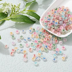 300個の蓄光アクリルビーズ  水平穴  アルファベット付きフラットラウンド  ミックスカラー  ミックスカラー  7x3.5~4mm  穴：1.2mm&nbsp;MACR-YW0001-40
