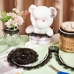 プラスチックビーズ付きシフォンプリーツレースリボン  ブラック  1-3/4インチ（45mm）  4ヤード&nbsp;OCOR-WH0078-62