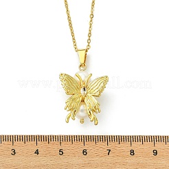 Brass Micro Pave Cubic Zirconia and Natural Pearl Butterfly Pendant 304 Stainless Steel Cable Chain Necklaces for Women&nbsp;NJEW-JN06182