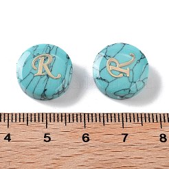 合成ターコイズビーズ  金色の真鍮スライス付き  アルファベット付きフラットラウンド  文字r  15x5.5mm  穴：1.4mm&nbsp;G-A238-02R