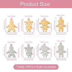 16個8スタイル201ステンレススチールペンダント  レーザー切断  男の子＆女の子  ミックスカラー  16.5~18x11~13.5x1mm  穴：1.4~1.5mm  2個/スタイル&nbsp;STAS-PJ0001-26
