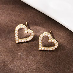 Brass ABS Plastic Pearl Hollow Heart Stud Earrings&nbsp;EJEW-L275-14G-04