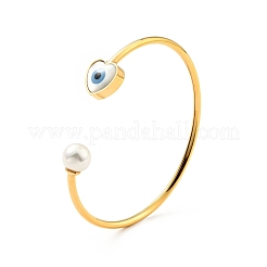 Shell Pearl & Heart with Evil Eye Open Cuff Bangle&nbsp;BJEW-G647-03G