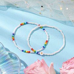 2個 2スタイル ハートガラスシードビーズストレッチブレスレットセット  女性用スタッカブルブレスレット  ホワイト  内径：2-1/8インチ（5.5cm）  1個/スタイル&nbsp;BJEW-JB10530-01