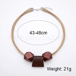 木製ファセットカットの丸型と台形ビーズのペンダント、フェイクレザーコード、マルチ連ネックレス（女性用）  プラチナ  暗赤色  16.93~18.90インチ（43~48cm）&nbsp;WG6B682-01