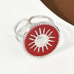 太陽の模様が入ったフラットラウンドの304ステンレススチール製エナメル指輪（女性用）  ステンレス鋼色  レッド  フラットラウンド：18.5mm  usサイズ6（16.5mm）&nbsp;RJEW-G355-05P-02