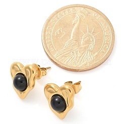 Natural Obsidian & Ion Plating(IP) 304 Stainless Steel Heart Stud Earrings&nbsp;EJEW-A118-04G-01