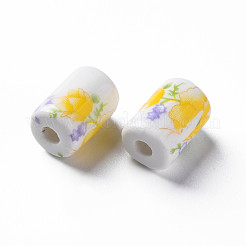花柄プリントの磁器ビーズ  花柄の円柱型セラミックビーズ  きいろ  12.5x8.5mm  穴：3mm&nbsp;PORC-T007-10