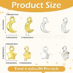 120本4スタイルアロイペンダント  月と星のチャーム  ミックスカラー  8.5~10x6x2.5mm  穴：1.4~1.6mm  30個/スタイル&nbsp;FIND-YW0012-49