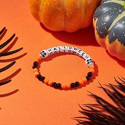 ハロウィンテーマのアクリルビーズストレッチブレスレット  子供用スカルビーズブレスレット  オレンジ  内径：1-7/8インチ（4.85cm）&nbsp;BJEW-JB09193-02