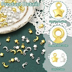 120本4スタイルアロイペンダント  月と星のチャーム  ミックスカラー  8.5~10x6x2.5mm  穴：1.4~1.6mm  30個/スタイル&nbsp;FIND-YW0012-49